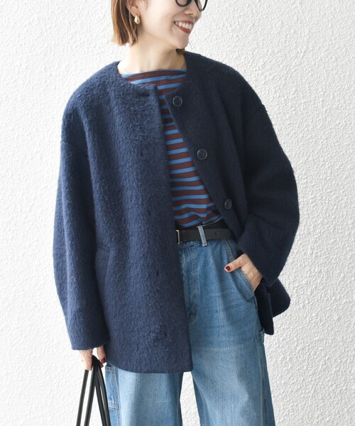 SHIPS any ノーカラーコート コート any: ウール ミックス