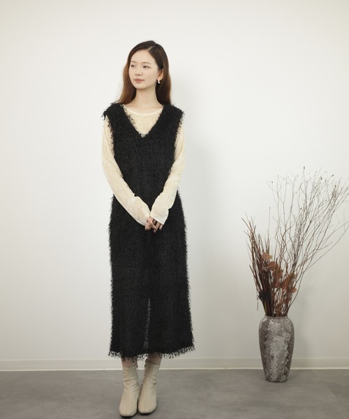 DRESS+ ワンピース フリンジ フェザーヤーン キャミワンピース