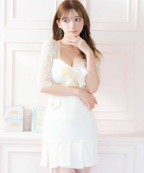 Tika ドレス キャバドレス 韓国 タイト ミニ 七分袖 レース切替