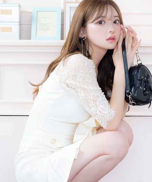 Tika ドレス キャバドレス 韓国 タイト ミニ 七分袖 レース切替