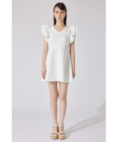 美品⭐︎riendaベージュ シャツワンピース 半袖 フリル付き セール】RDショルダーフリルカットミニワンピース 半袖 夏服