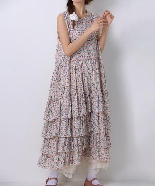★ワンピース 花柄 ノースリーブ キャミ ティアード Y'186 セール】ノースリーブ 花柄シャーリングロングキャミワンピース