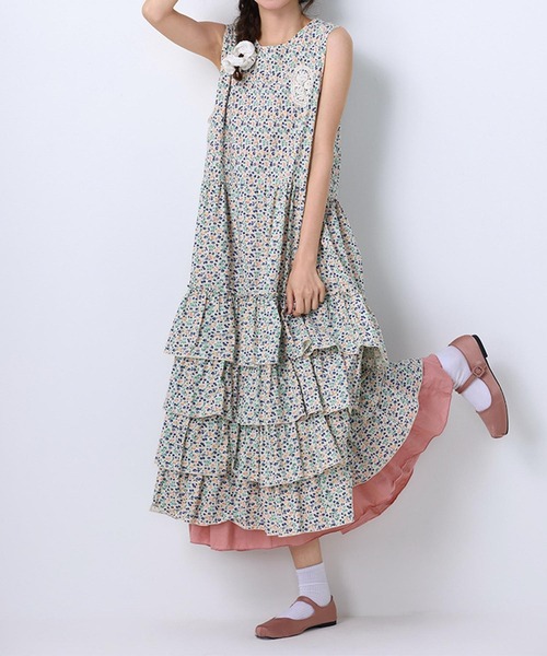 aimoha ワンピース ノースリーブ`小花柄ティアードワンピース