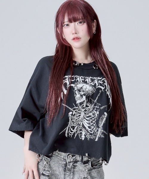 tシャツ 「REFLEM/レフレム」スカルプリントクロップドTシャツ/ハーフスリーブカットソー レディース メンズ