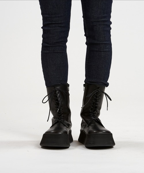 ブーツ 「NO ID.」Cow Leather Platform Lace-Up Boots / カウ レザー プラットフォーム レースアップ ブーツの画像