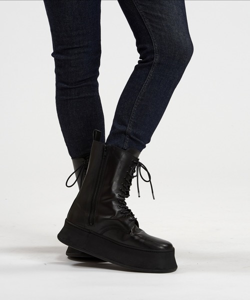 ブーツ 「NO ID.」Cow Leather Platform Lace-Up Boots / カウ レザー プラットフォーム レースアップ ブーツの画像