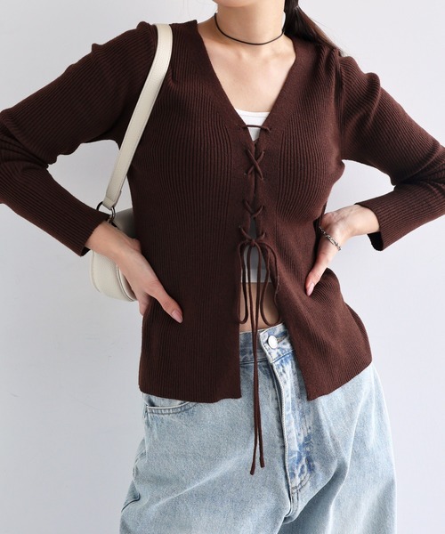 Freesia ニット セーター レースアップリボン2wayリブニットトップス
