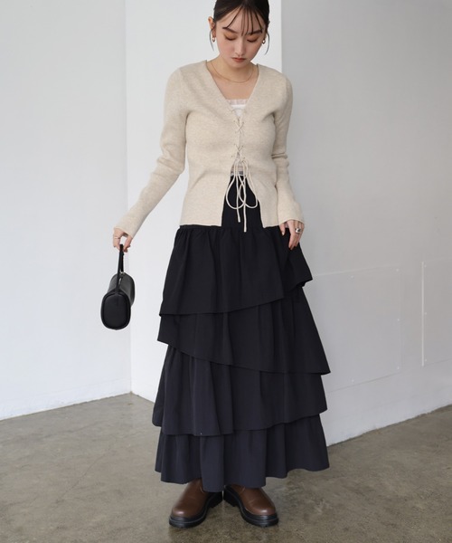 未使用級✨ADEAM リボンレース ジップニットフーディー ダブルジップ Freesia（andme） ニット セーター レースアップリボン2wayリブニット