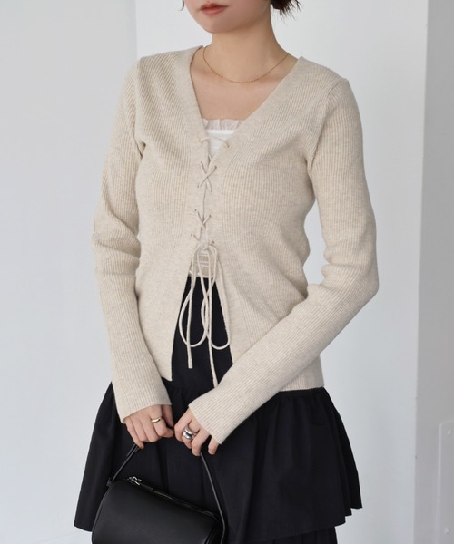 Freesia ニット セーター レースアップリボン2wayリブニットトップス