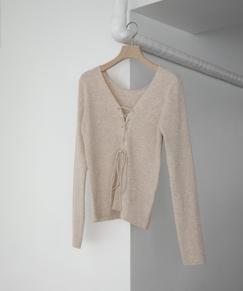 Freesia ニット セーター レースアップリボン2wayリブニットトップス