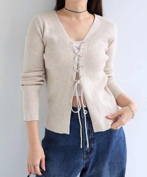 Freesia ニット セーター レースアップリボン2wayリブニットトップス
