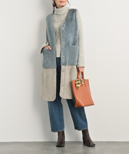 ムートンコート ボアコート パッチワークデザインリバーシブルVネック