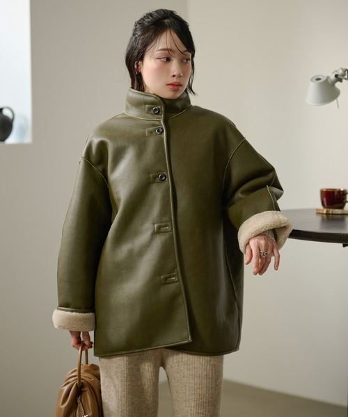 コート アウター stand collar reversible boa middle coat /スタンド