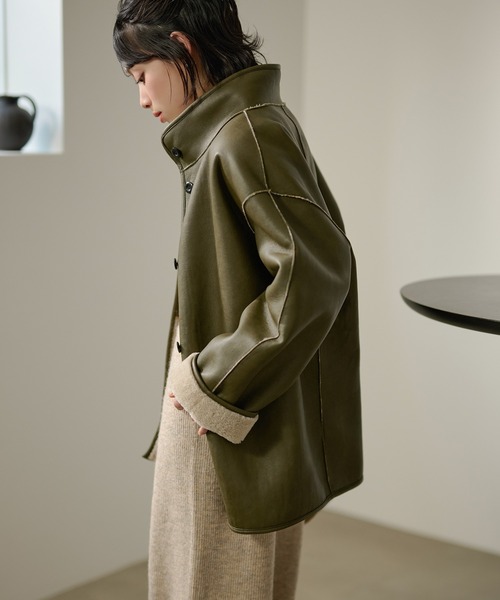 コート アウター stand collar reversible boa middle coat /スタンド