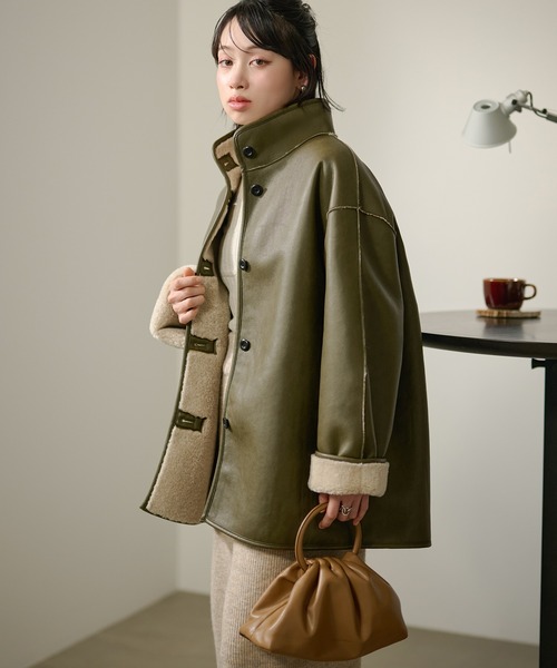 コート アウター stand collar reversible boa middle coat /スタンド