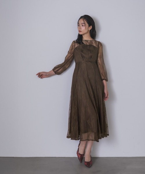 【美品】musele シアーレースビスチェロングドレス Rose of Sharon ドレス シアー×レース ビスチェ風フレアドレス