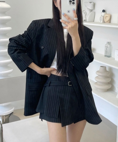 美品■NO ID. BLACK セットアップ ブラック×ストライプ ALMO セットアップ 「TUNE」ストライプジャケットセットアップ