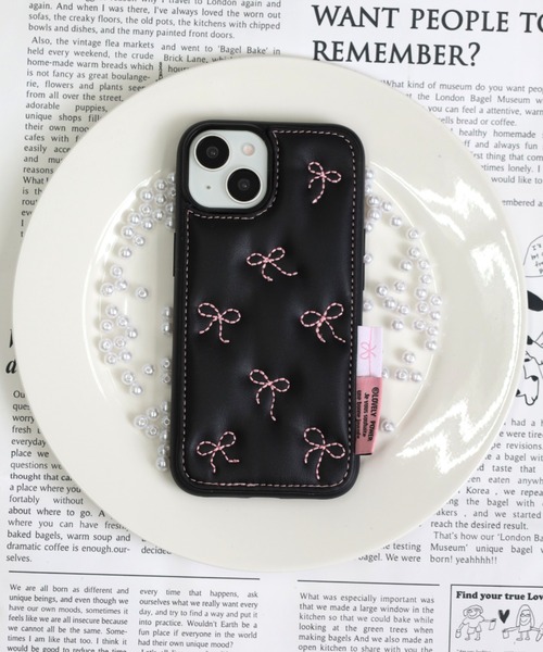 スマホケース チャーム付き リボン / ハート キルティング フェイク