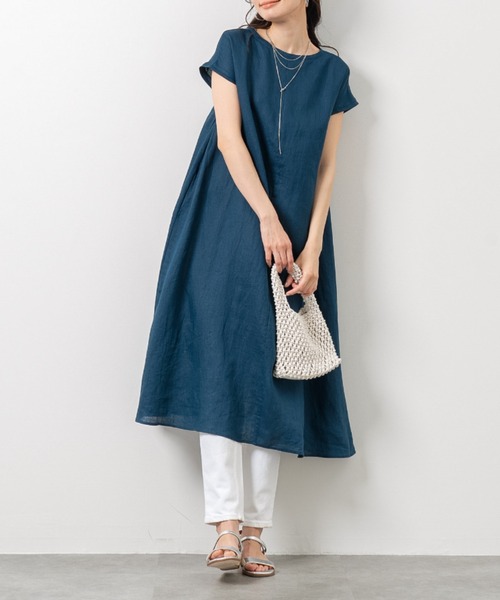 ワンピース フレンチリネン100％ サイドタックアクセント 前後2WAY