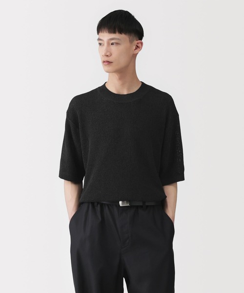 【完売品・極美品】MUJI Labo 和紙混半袖クルーネックセーター 黒 L MUJI Labo セーター ニット 「MUJI Labo」紳士 和紙混半袖クルーネック