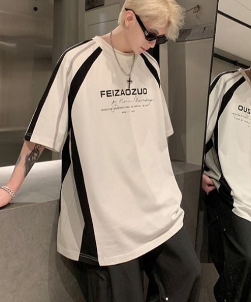 link lot tシャツ Y2Kラグランスリーブ半袖ロゴモノトーンTシャツ