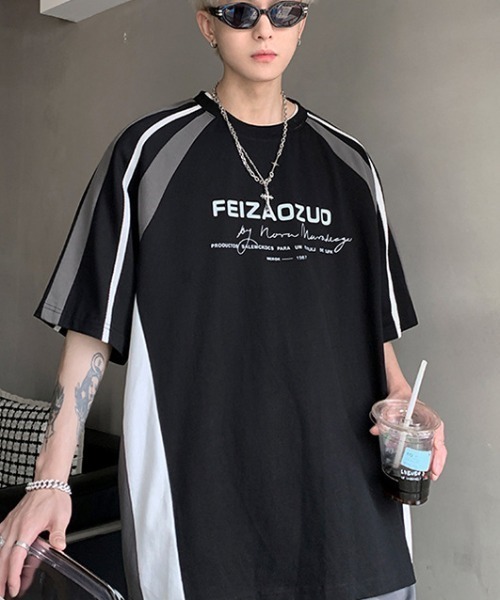 link lot tシャツ Y2Kラグランスリーブ半袖ロゴモノトーンTシャツ