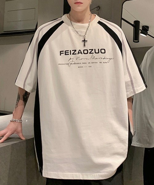 link lot tシャツ Y2Kラグランスリーブ半袖ロゴモノトーンTシャツ