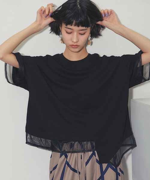 tシャツ 半袖 メッシュ切替アシンメトリープルオーバー レディース