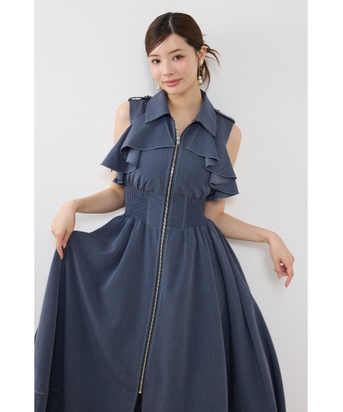 美品 René 38 胸元リボン フリル ノースリーブ ワンピース ネイビー rienda（リエンダ） ワンピース 夏 ノースリーブフリルワンピース 夏服