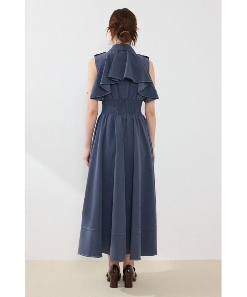 美品 René 38 胸元リボン フリル ノースリーブ ワンピース ネイビー rienda（リエンダ） ワンピース 夏 ノースリーブフリルワンピース 夏服