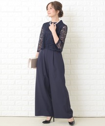 レースレディース Lace Ladies レース五分袖オールインワン・ワイドパンツドレス （ブルーグリーン） レースレディース Lace Ladies レース五分袖オールインワン