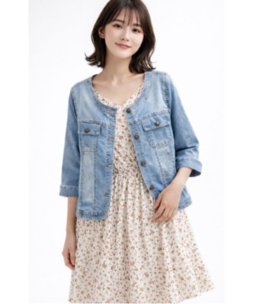 デニムジャケット gジャン ノーカラー7分袖デニムジャケット