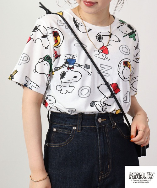 PEANUTS tシャツ スヌーピー 総柄 Tシャツ 半袖 レディース
