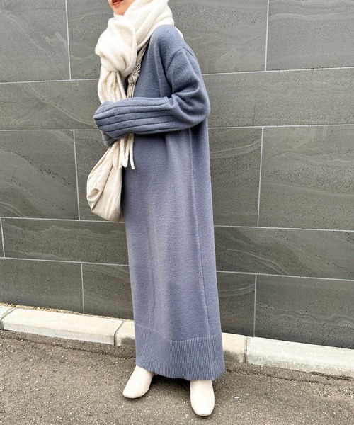 ワンピース 「サイズ展開あり」フィンガータートルニットロング