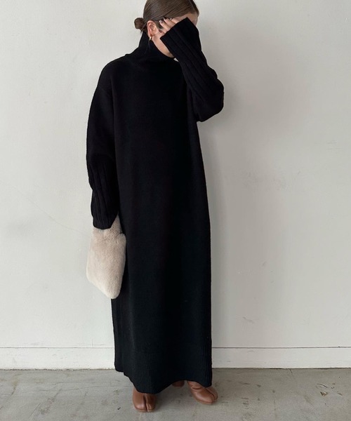 ロンハーマン　タートル　もこもこ　アルパカ　ニット　ロングワンピース ブラック ベロア風モールニットワンピース（マキシ・ロングワンピース） | THE