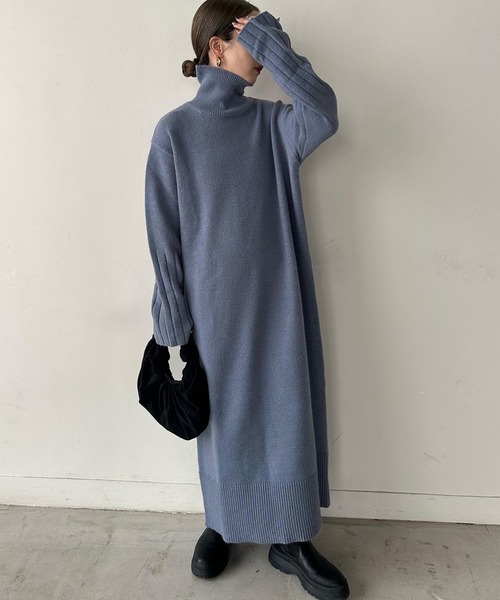 ワンピース 「サイズ展開あり」フィンガータートルニットロング