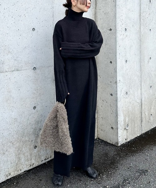 ワンピース 「サイズ展開あり」フィンガータートルニットロング