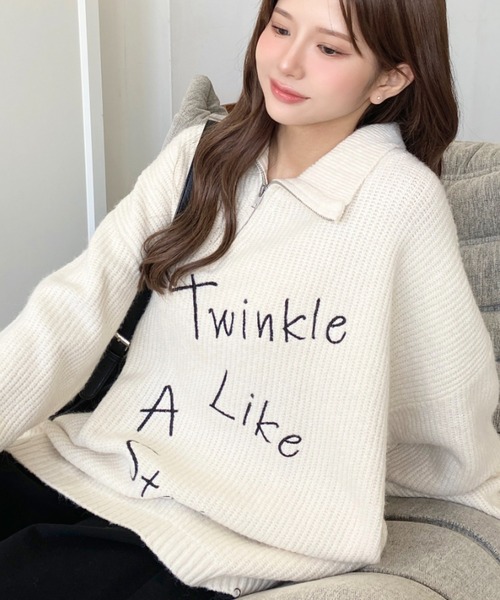 ニット セーター 6G ロゴ刺繍ハーフジップニットプルオーバー