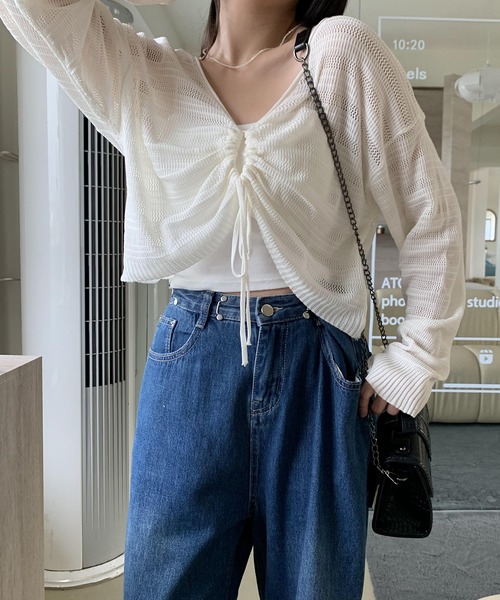 ニット セーター ドロストショート メッシュニットトップス
