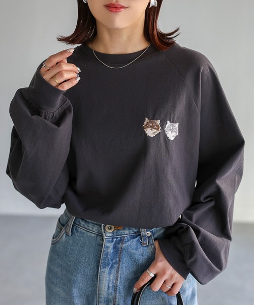 tシャツ Tシャツ ネコ刺繍ラグランロンT レディース Tシャツ