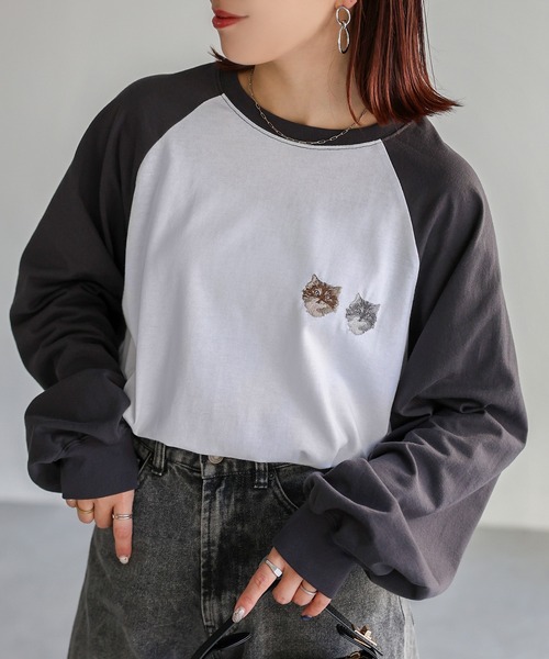 Riberry tシャツ ネコ刺繍ラグランロンT レディース : ZOZOTOWN