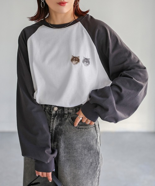 Riberry tシャツ ネコ刺繍ラグランロンT レディース : ZOZOTOWN
