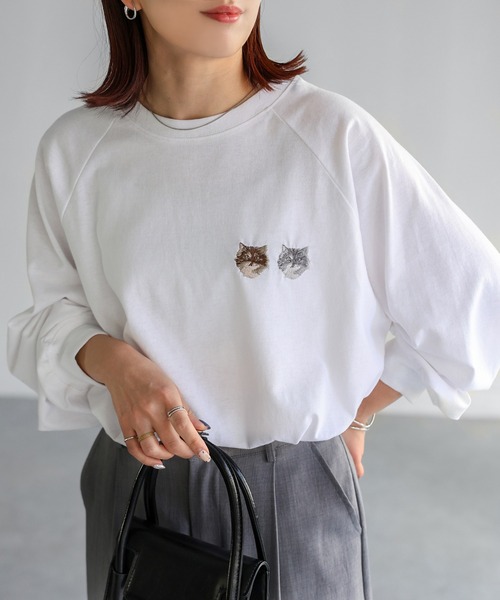 【あすつく】 Riberry ZOZOTOWN : レディース ネコ刺繍ラグランロンT tシャツ ミュージシャン