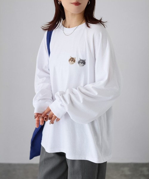 猫背のネイビーセゾン ラグラン Tシャツ 入手困難 Riberry tシャツ ネコ刺繍ラグランロンT レディース : ZOZOTOWN
