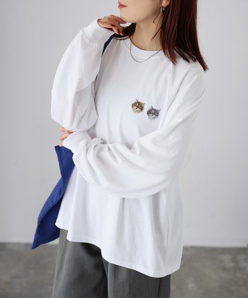 猫背のネイビーセゾン ラグラン Tシャツ 入手困難 Riberry tシャツ ネコ刺繍ラグランロンT レディース : ZOZOTOWN