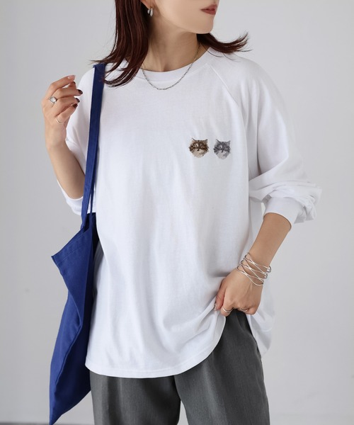 Riberry tシャツ ネコ刺繍ラグランロンT レディース : ZOZOTOWN