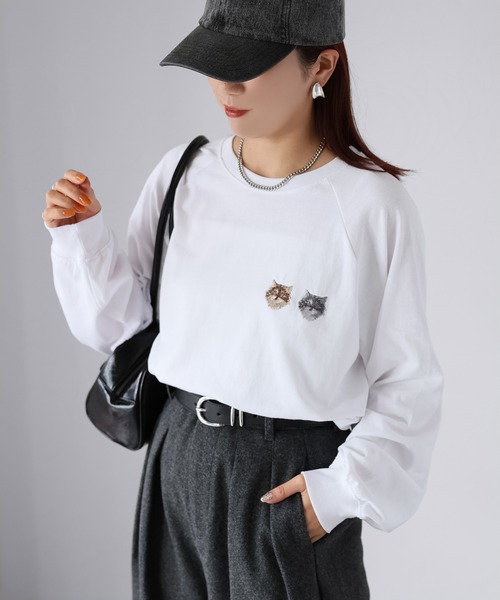 Riberry（リベリー） tシャツ ネコ刺繍ラグランロンT レディース