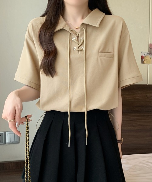 Girly Doll tシャツ ポロカラーレースアップ半袖カットソー
