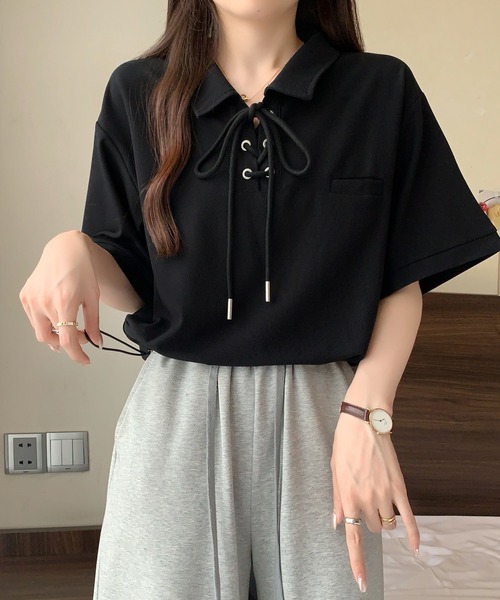 Girly Doll tシャツ ポロカラーレースアップ半袖カットソー