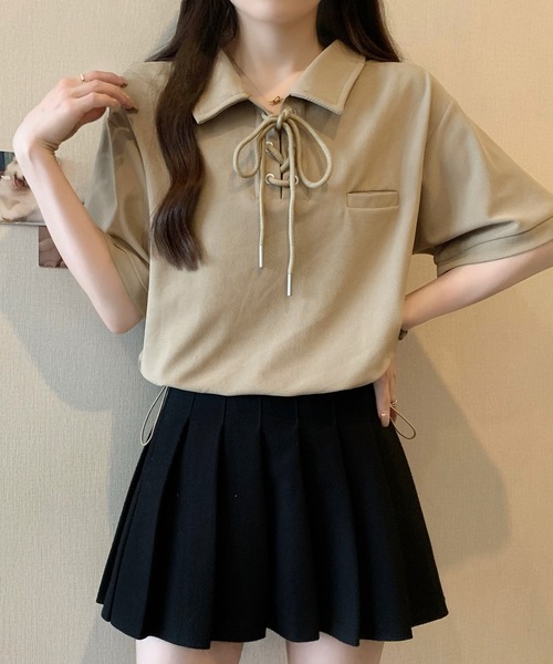 Girly Doll tシャツ ポロカラーレースアップ半袖カットソー